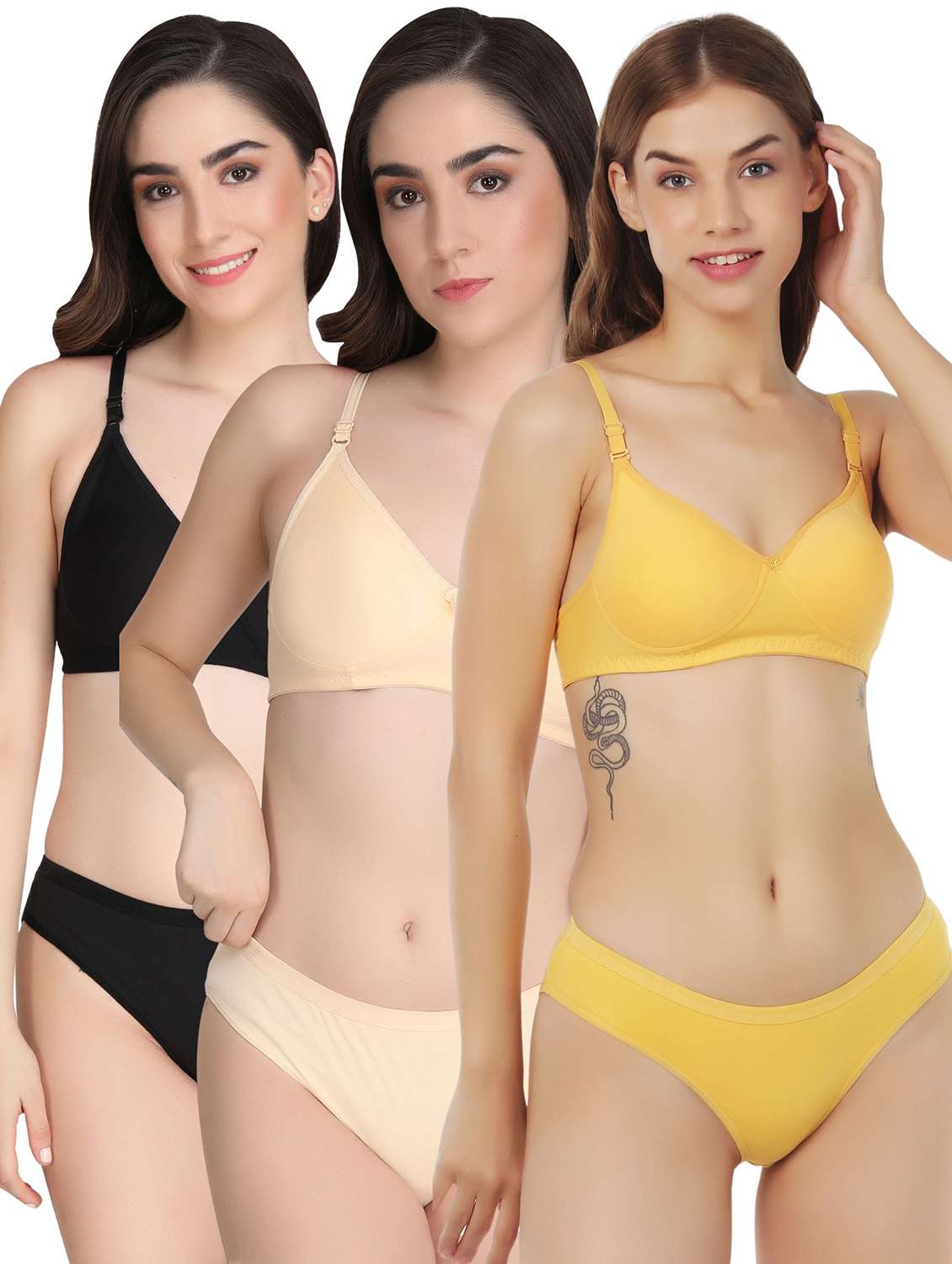 women pack of 3 solid bra and panty set