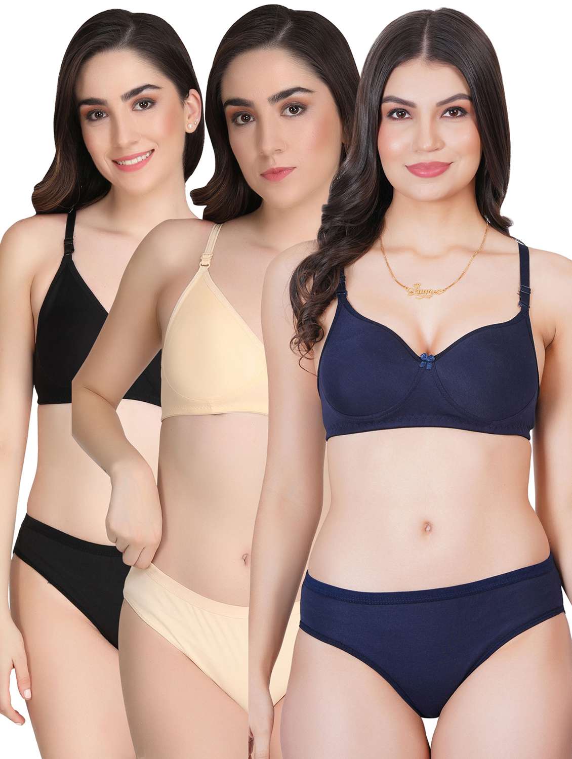 women pack of 3 solid bra and panty set