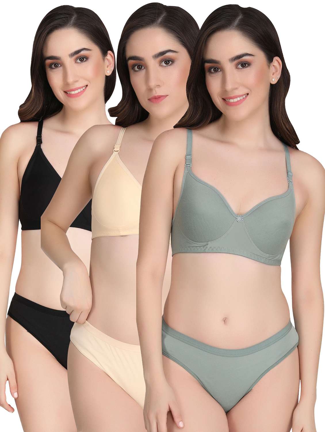 women pack of 3 solid bra and panty set
