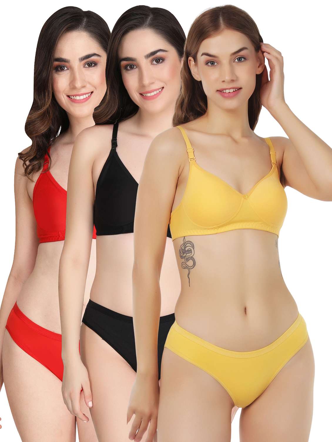 women pack of 3 solid bra and panty set
