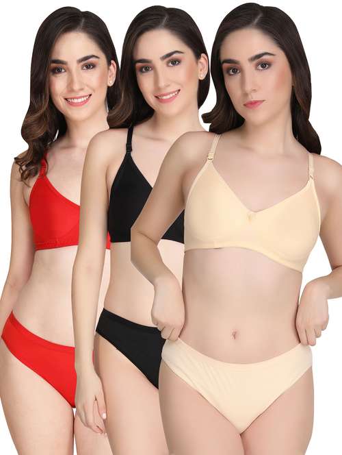 women pack of 3 solid bra and panty set - 22064587 -  Standard Image - 0