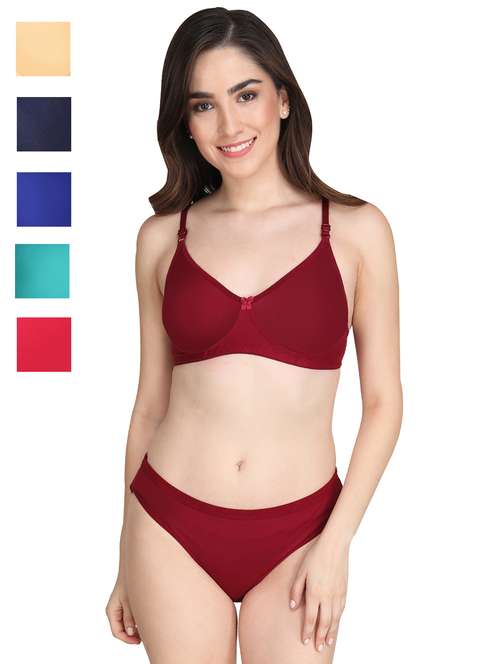women pack of 5 solid bra and panty set - 22064852 -  Standard Image - 0