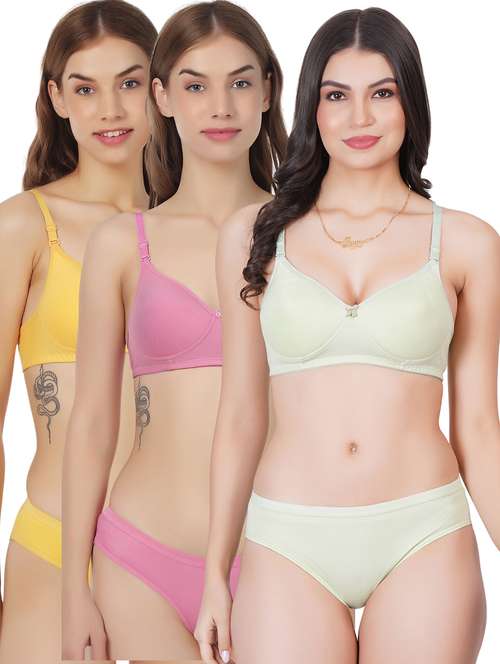 women pack of 3 solid bra and panty set - 22064999 -  Standard Image - 0