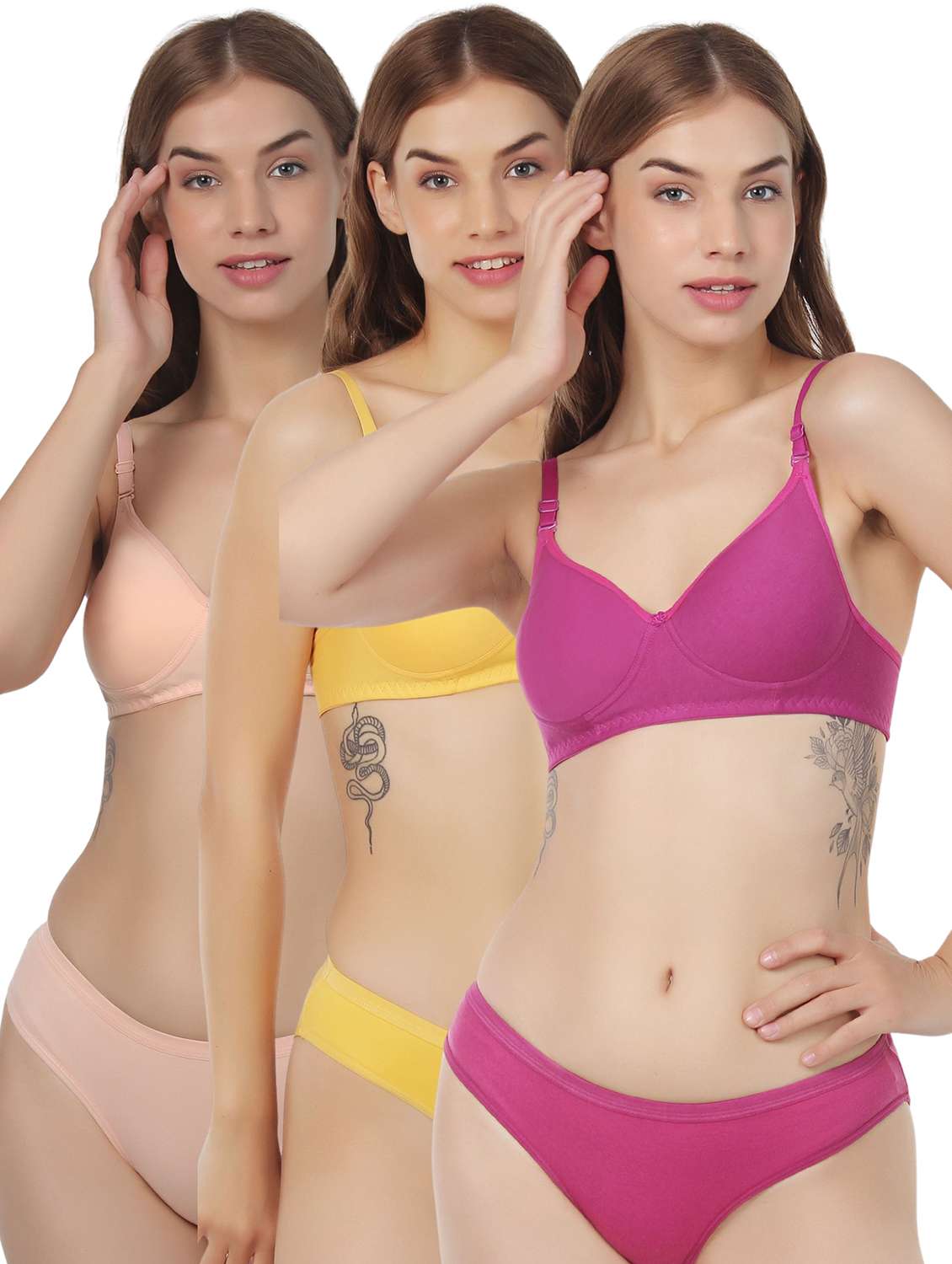 women pack of 3 solid bra and panty set