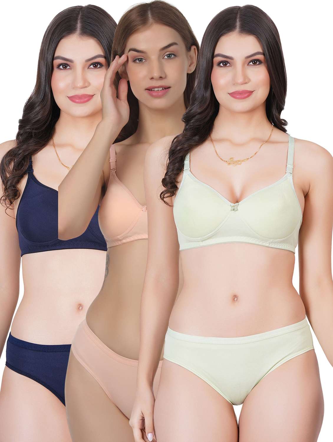 women pack of 3 solid bra and panty set