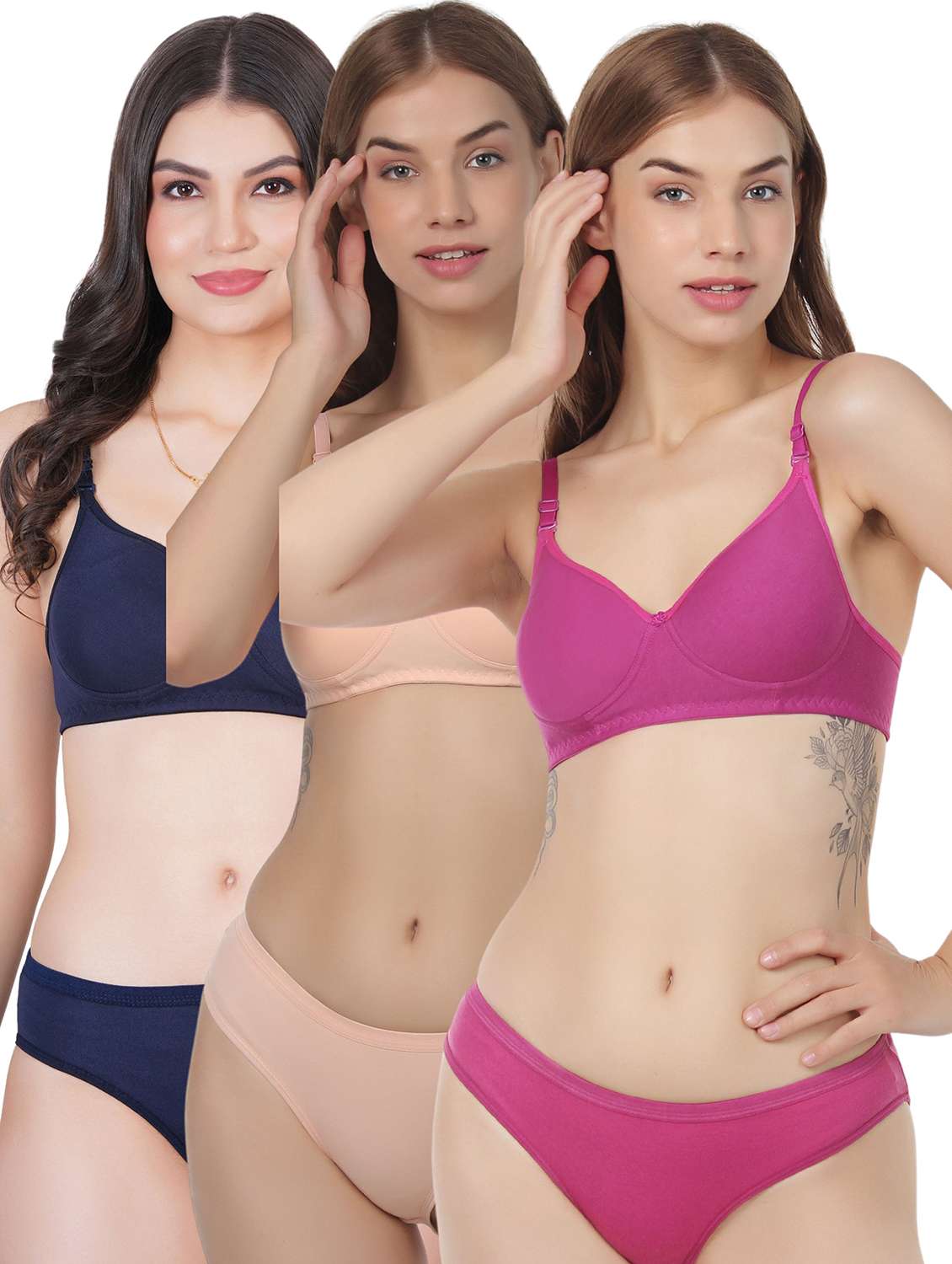 women pack of 3 solid bra and panty set