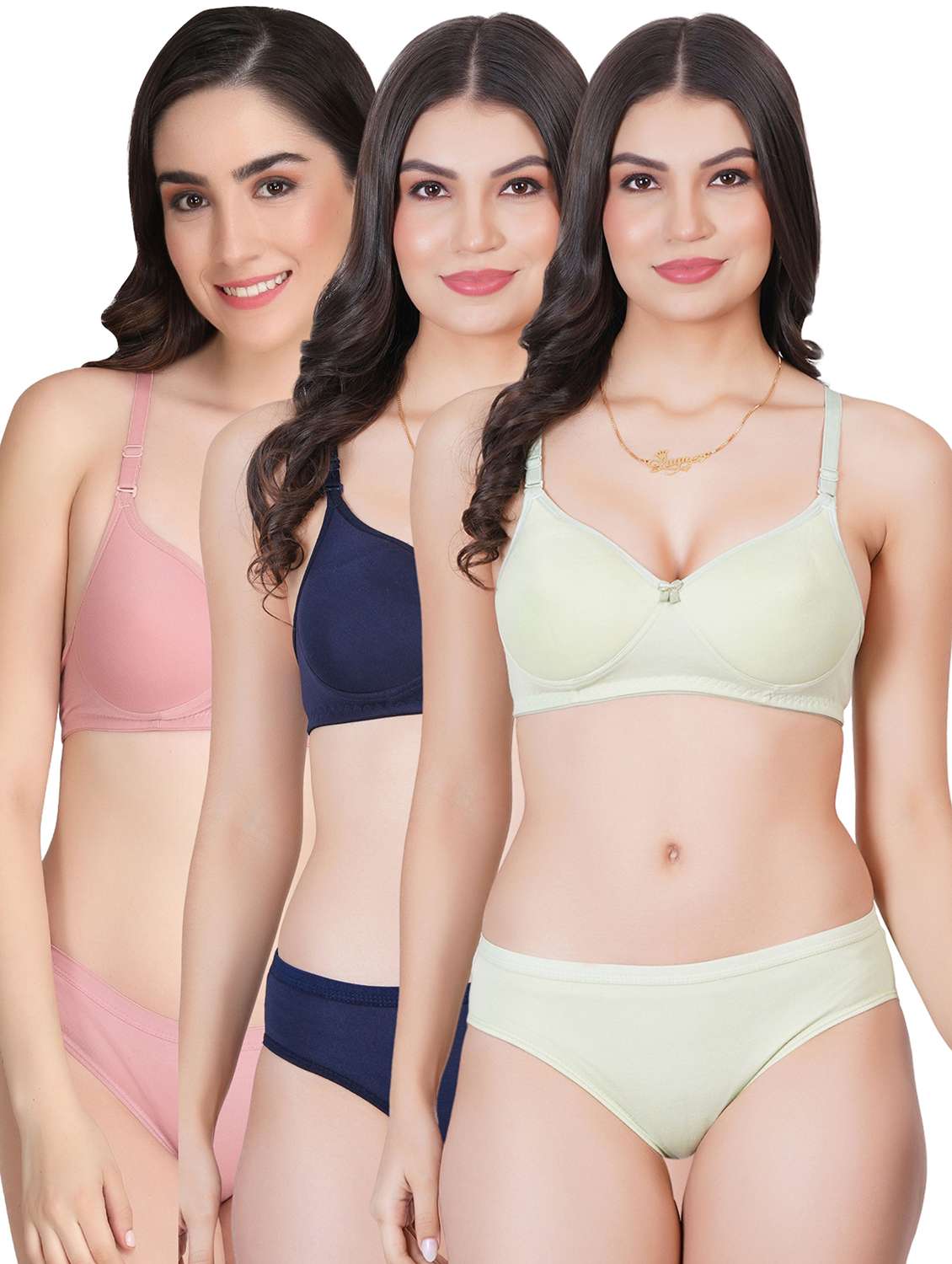 women pack of 3 solid bra and panty set