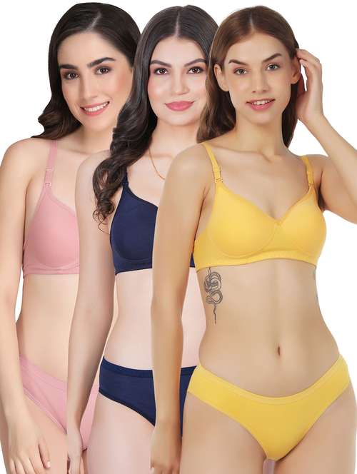women pack of 3 solid bra and panty set - 22065011 -  Standard Image - 0