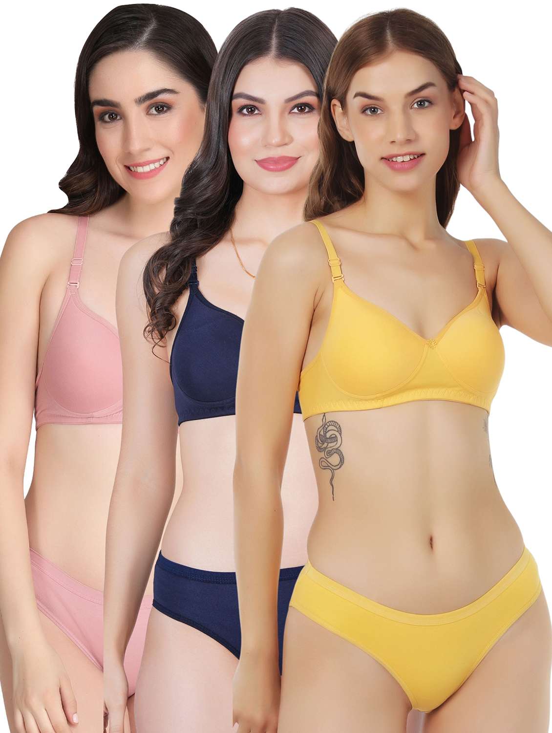 women pack of 3 solid bra and panty set