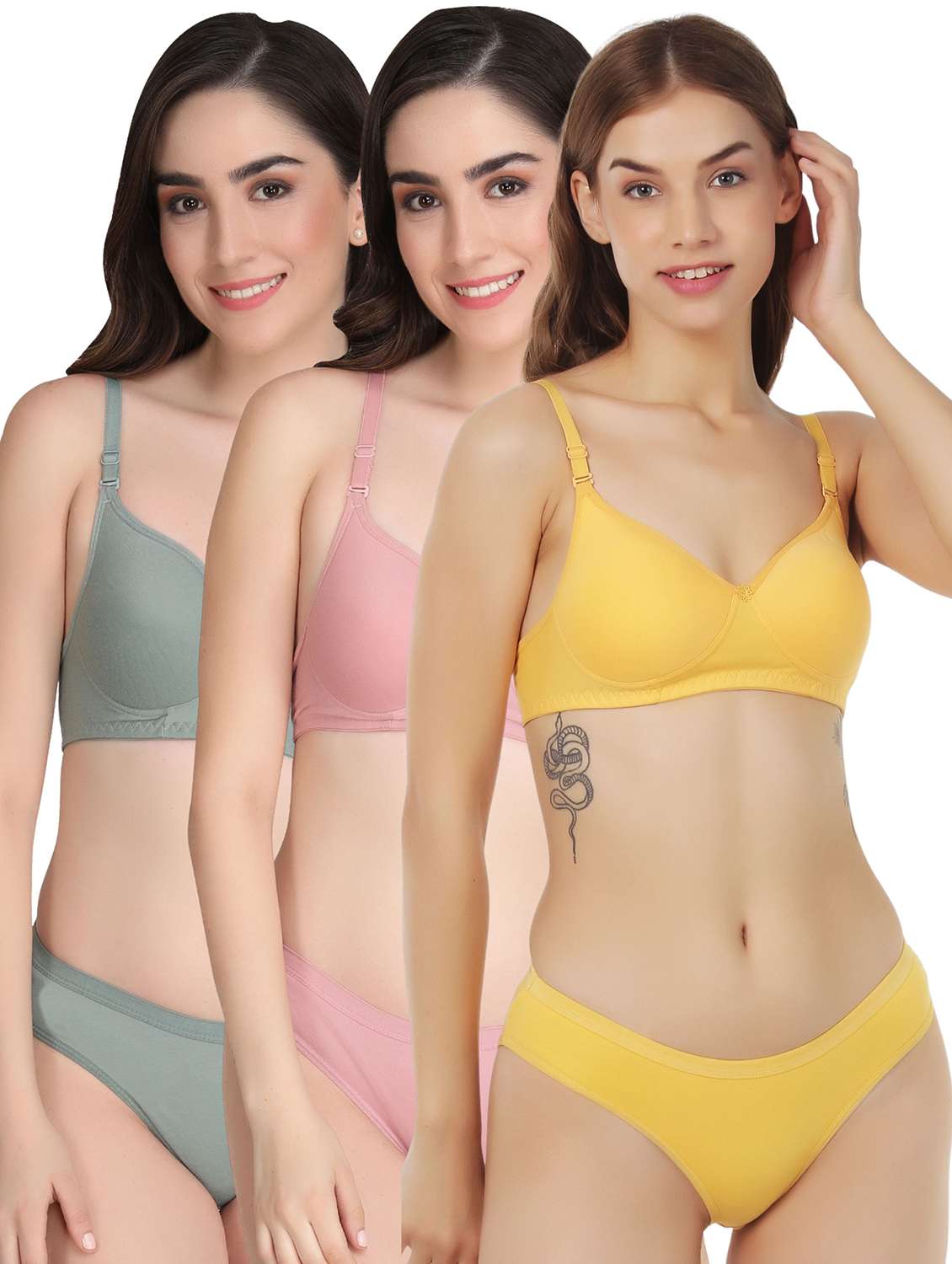 women pack of 3 solid bra and panty set