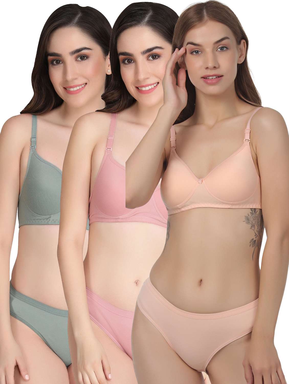 women pack of 3 solid bra and panty set