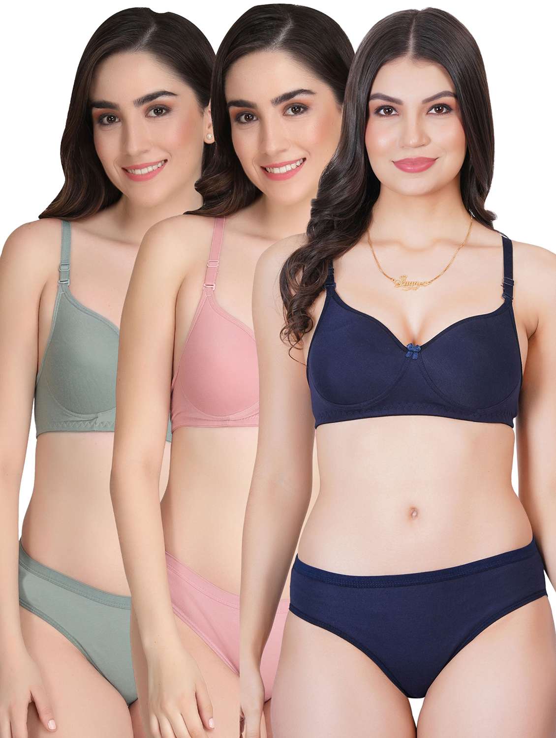 women pack of 3 solid bra and panty set