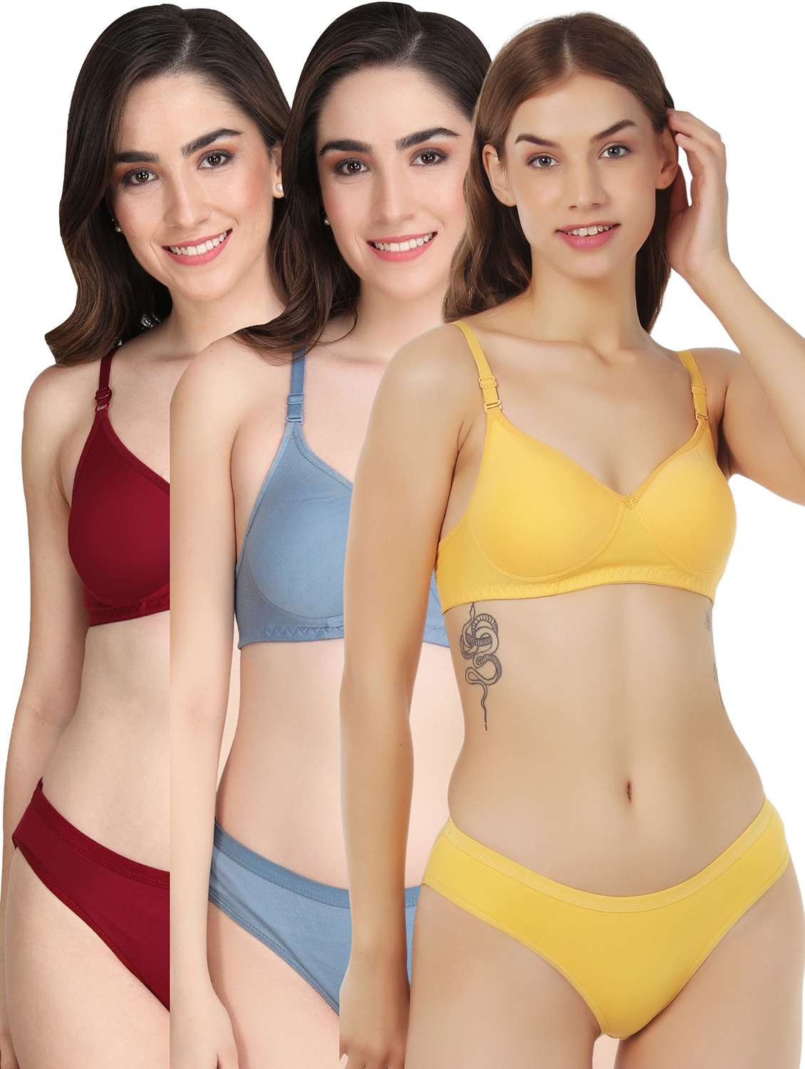 women pack of 3 solid bra and panty set