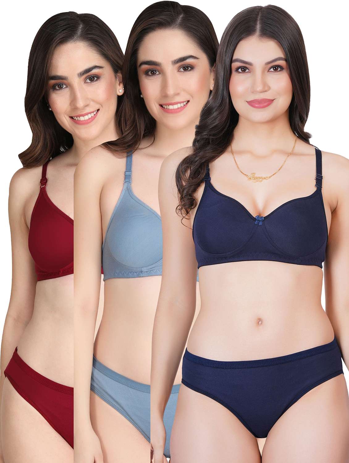 women pack of 3 solid bra and panty set