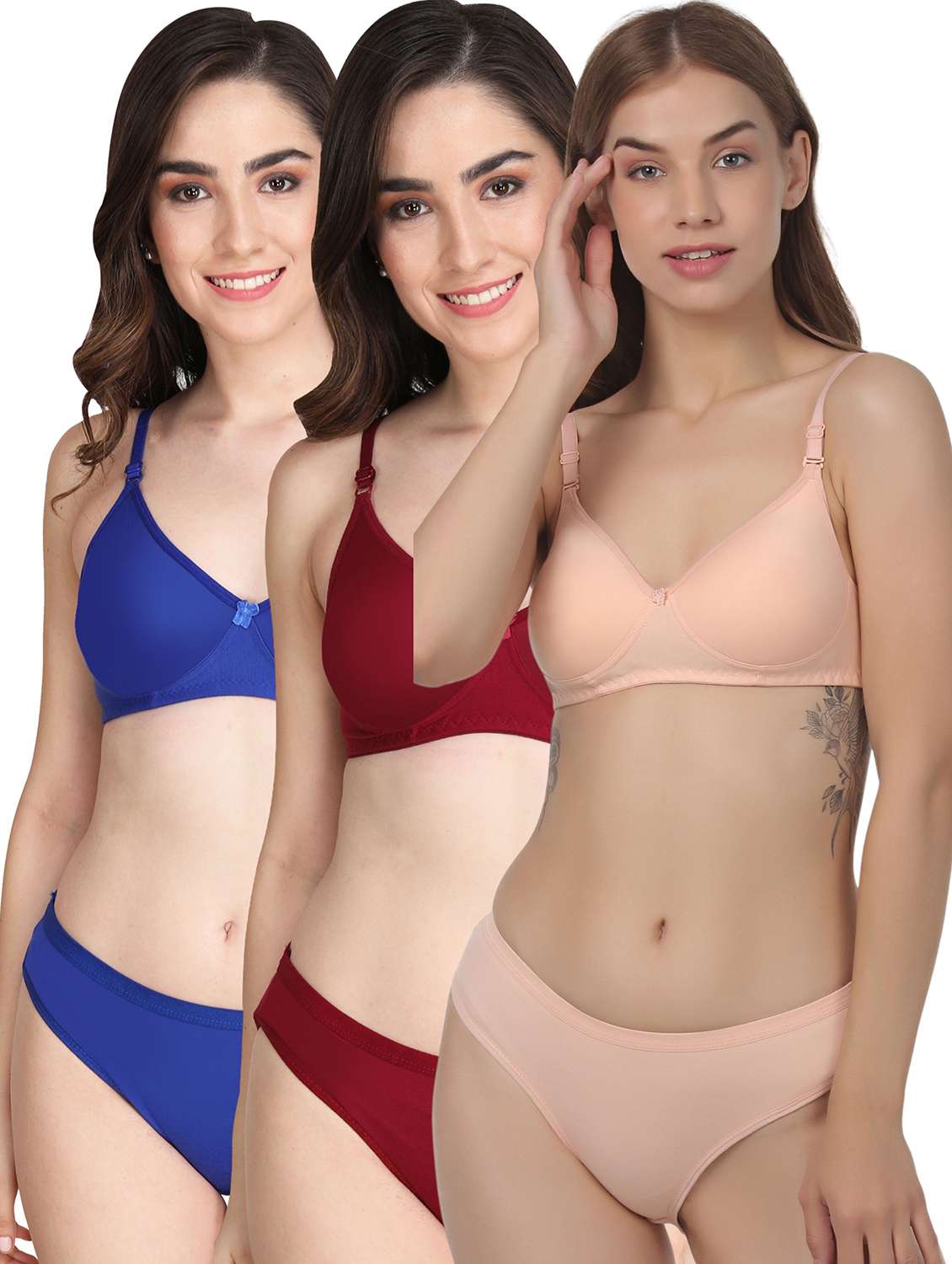women pack of 3 solid bra and panty set