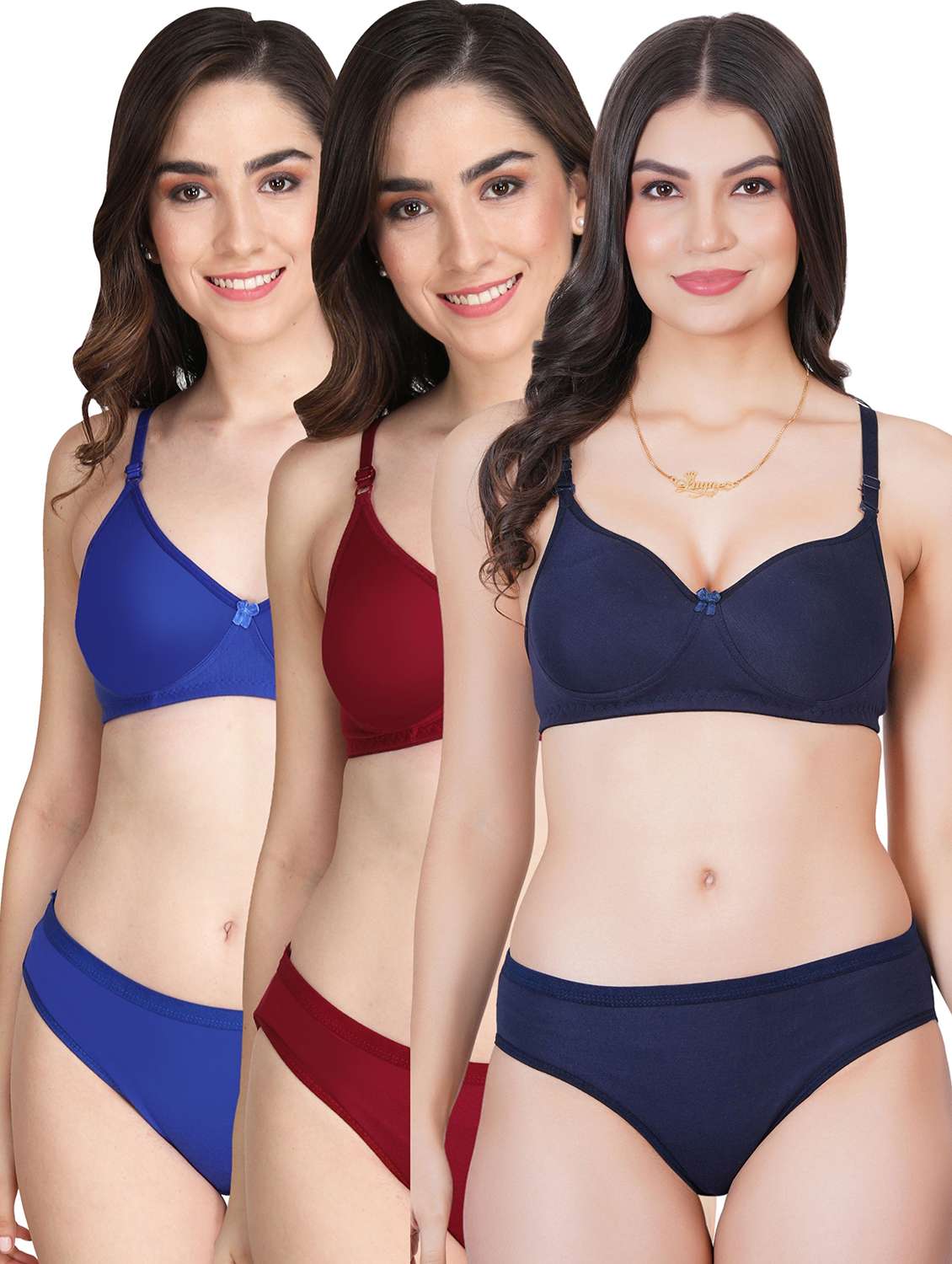 women pack of 3 solid bra and panty set