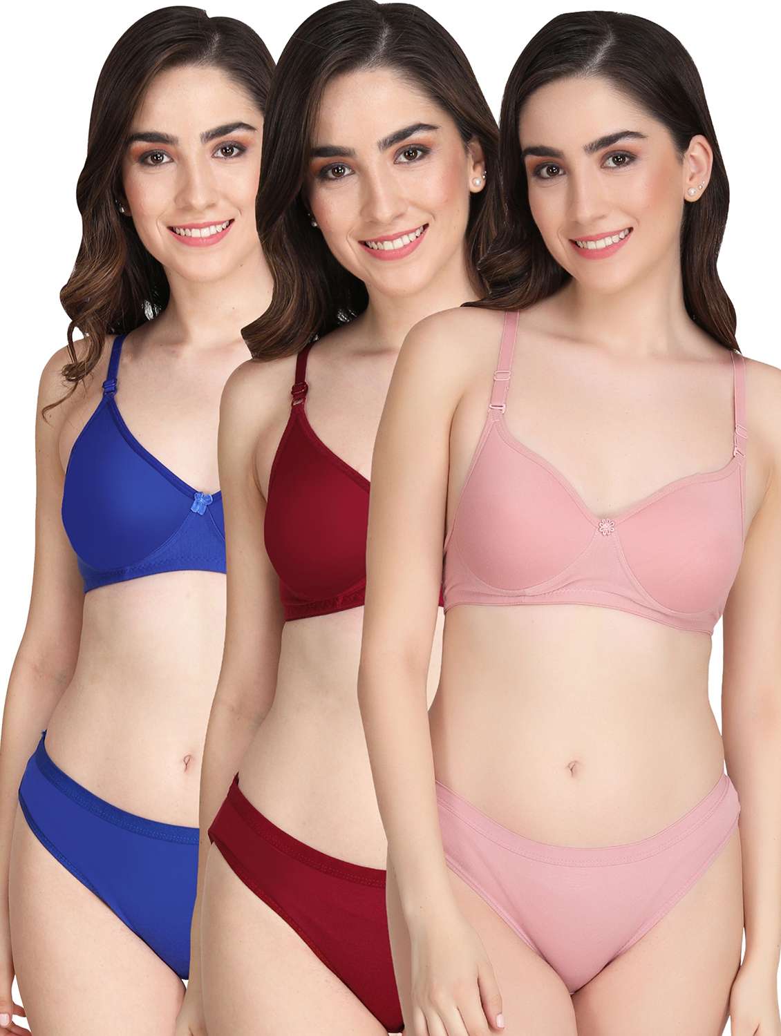 women pack of 3 solid bra and panty set