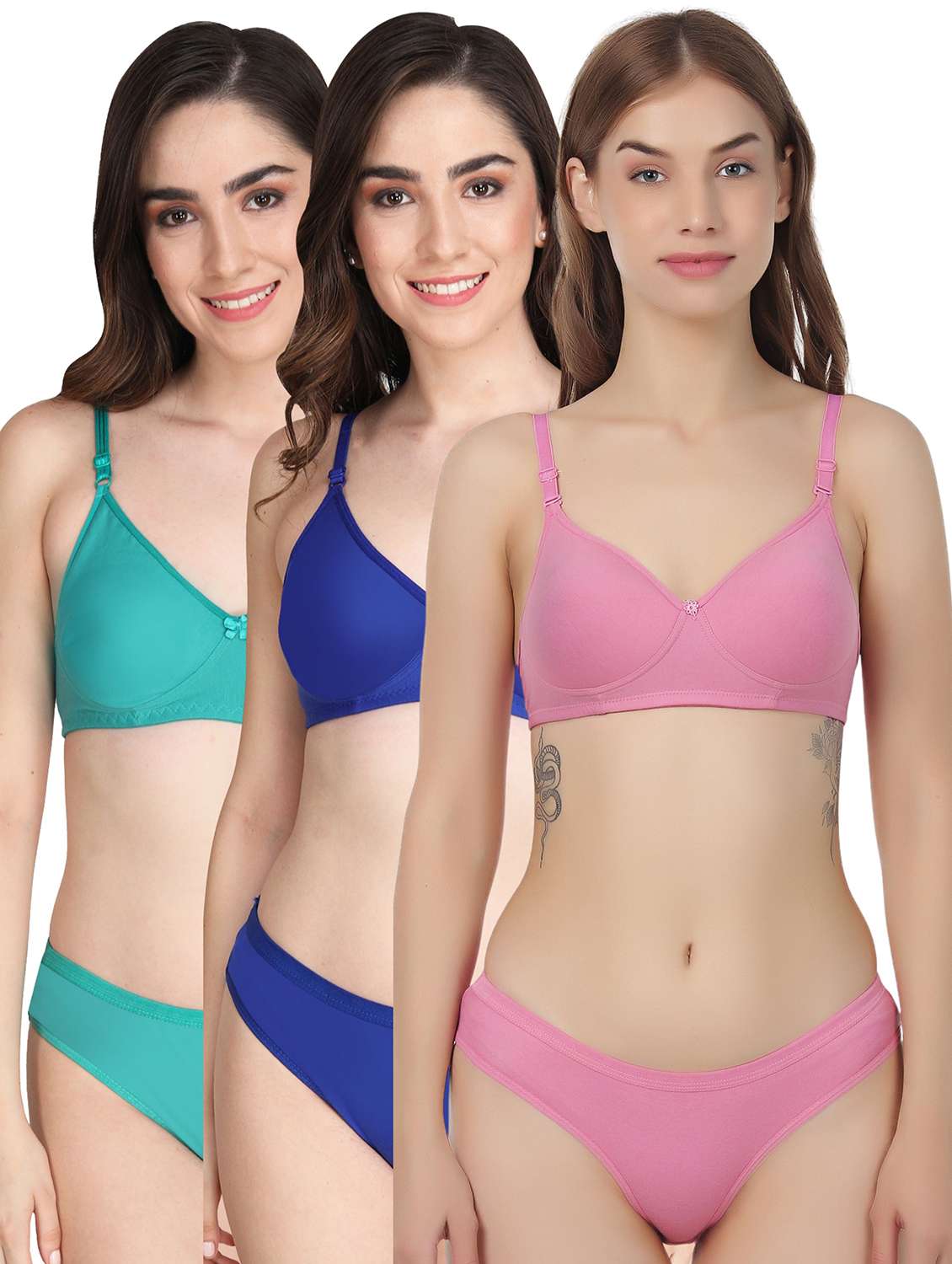 women pack of 3 solid bra and panty set