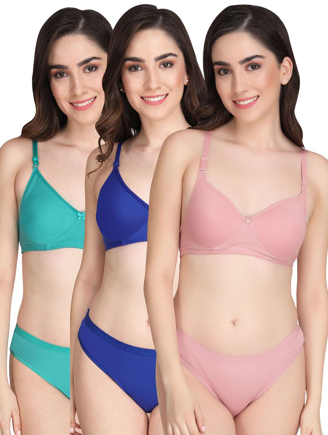 women pack of 3 solid bra and panty set