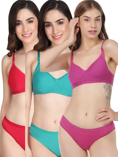 women pack of 3 solid bra and panty set - 22065054 -  Standard Image - 0