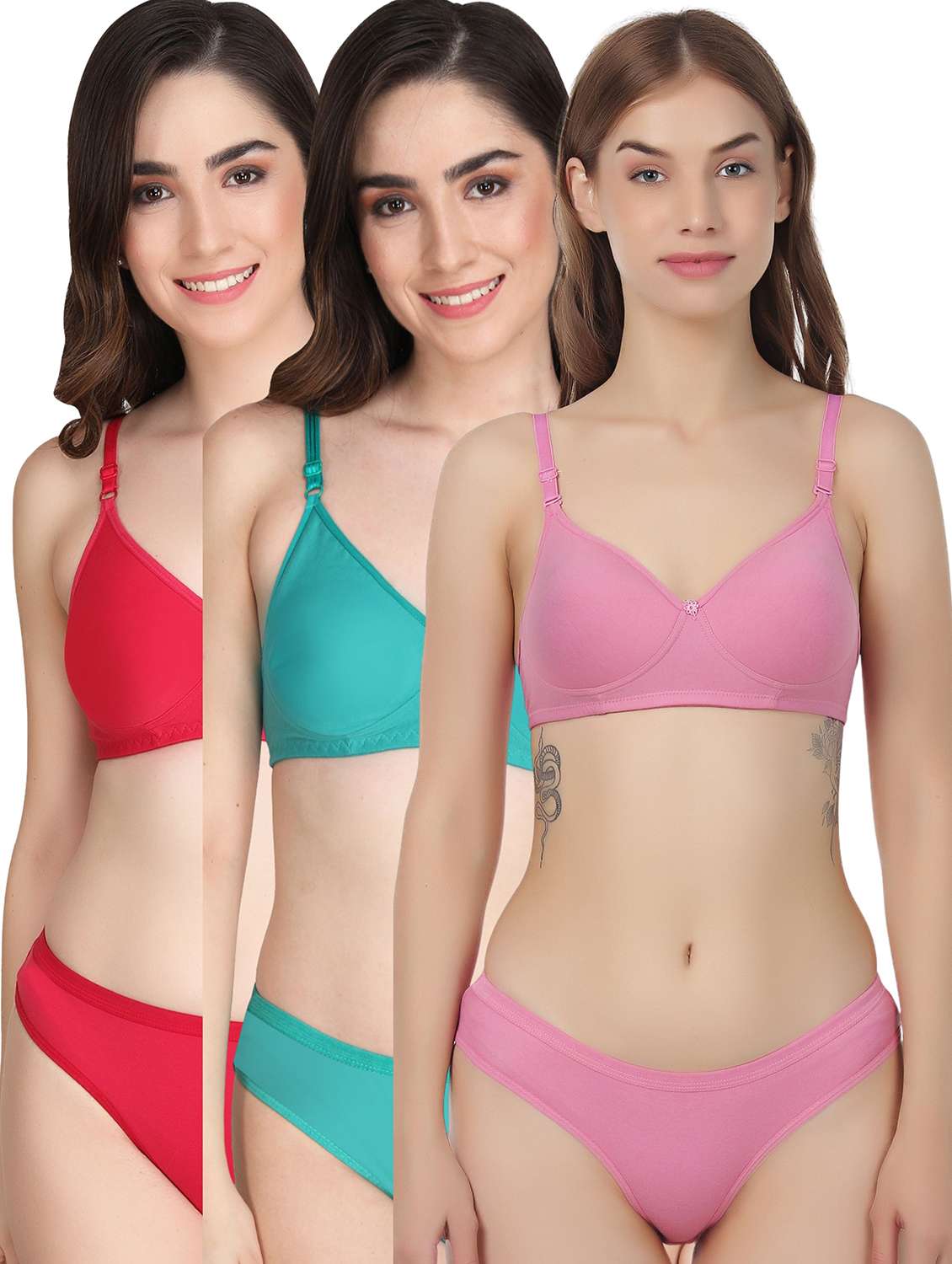 women pack of 3 solid bra and panty set