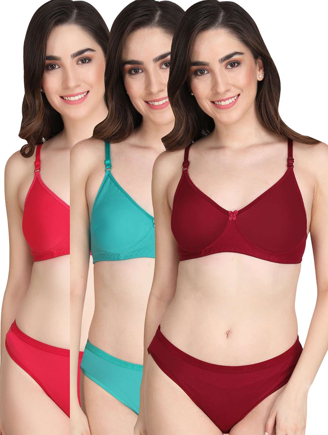 women pack of 3 solid bra and panty set