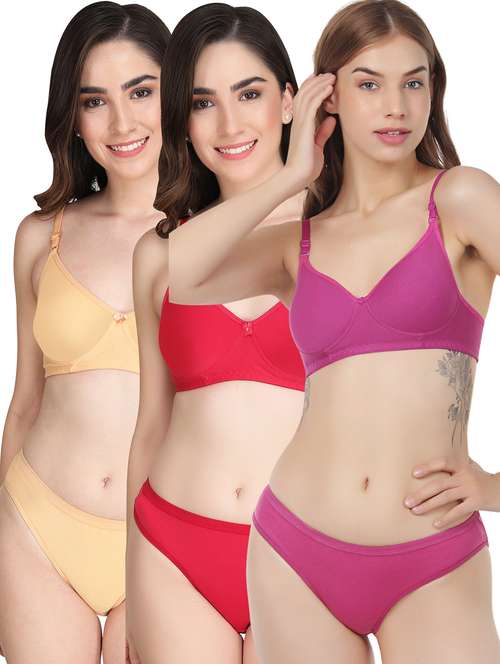 women pack of 3 solid bra and panty set - 22065065 -  Standard Image - 0