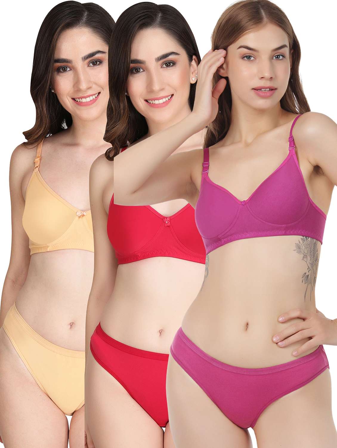 women pack of 3 solid bra and panty set