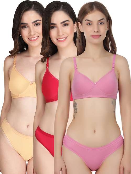 women pack of 3 solid bra and panty set - 22065066 -  Standard Image - 0