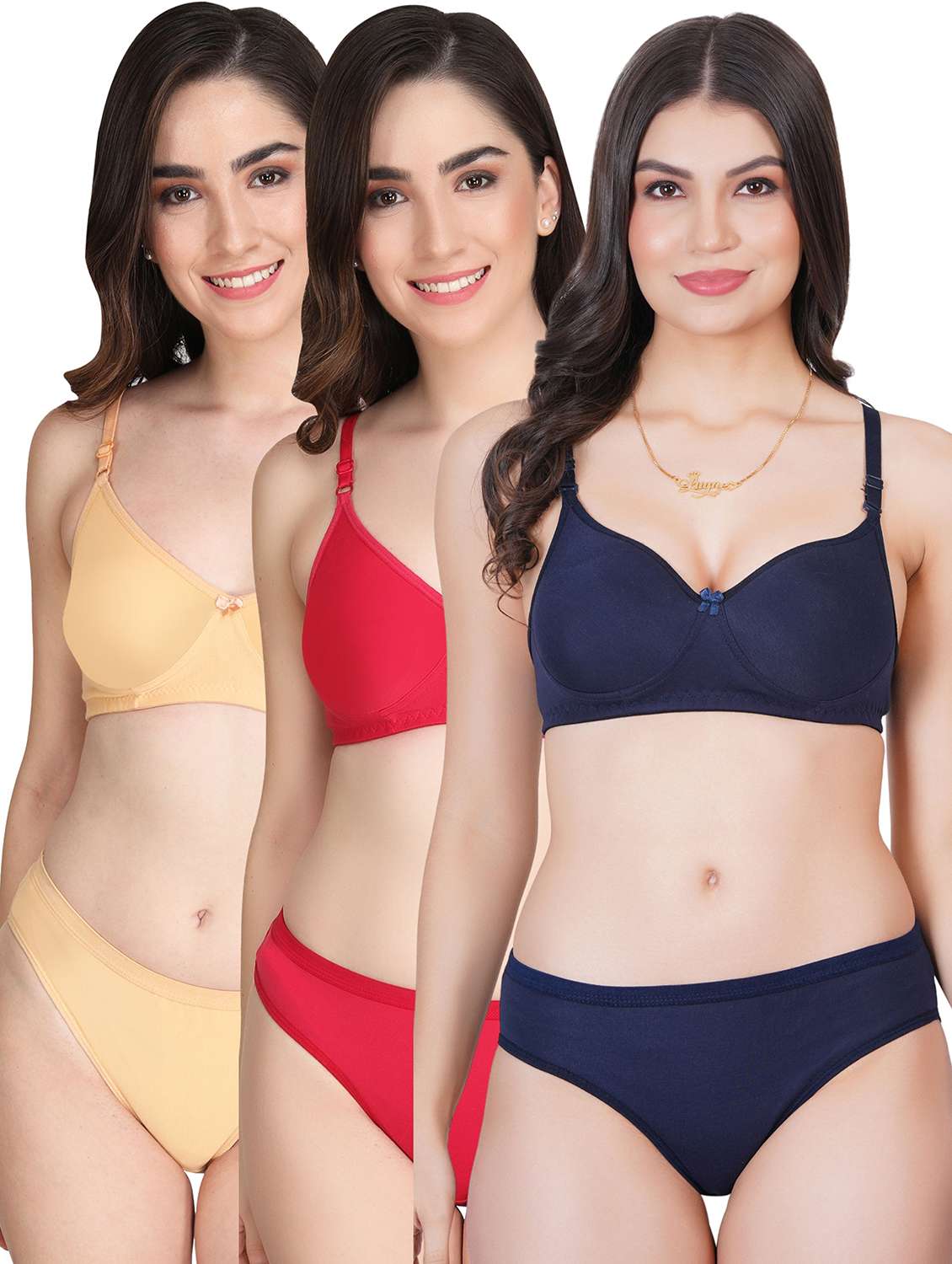women pack of 3 solid bra and panty set