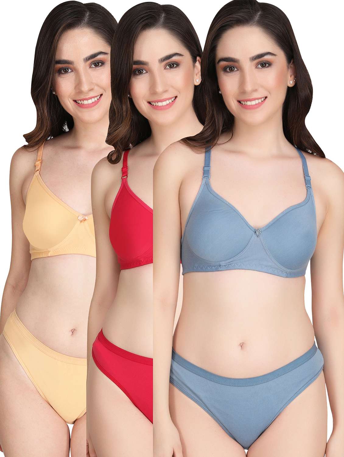 women pack of 3 solid bra and panty set