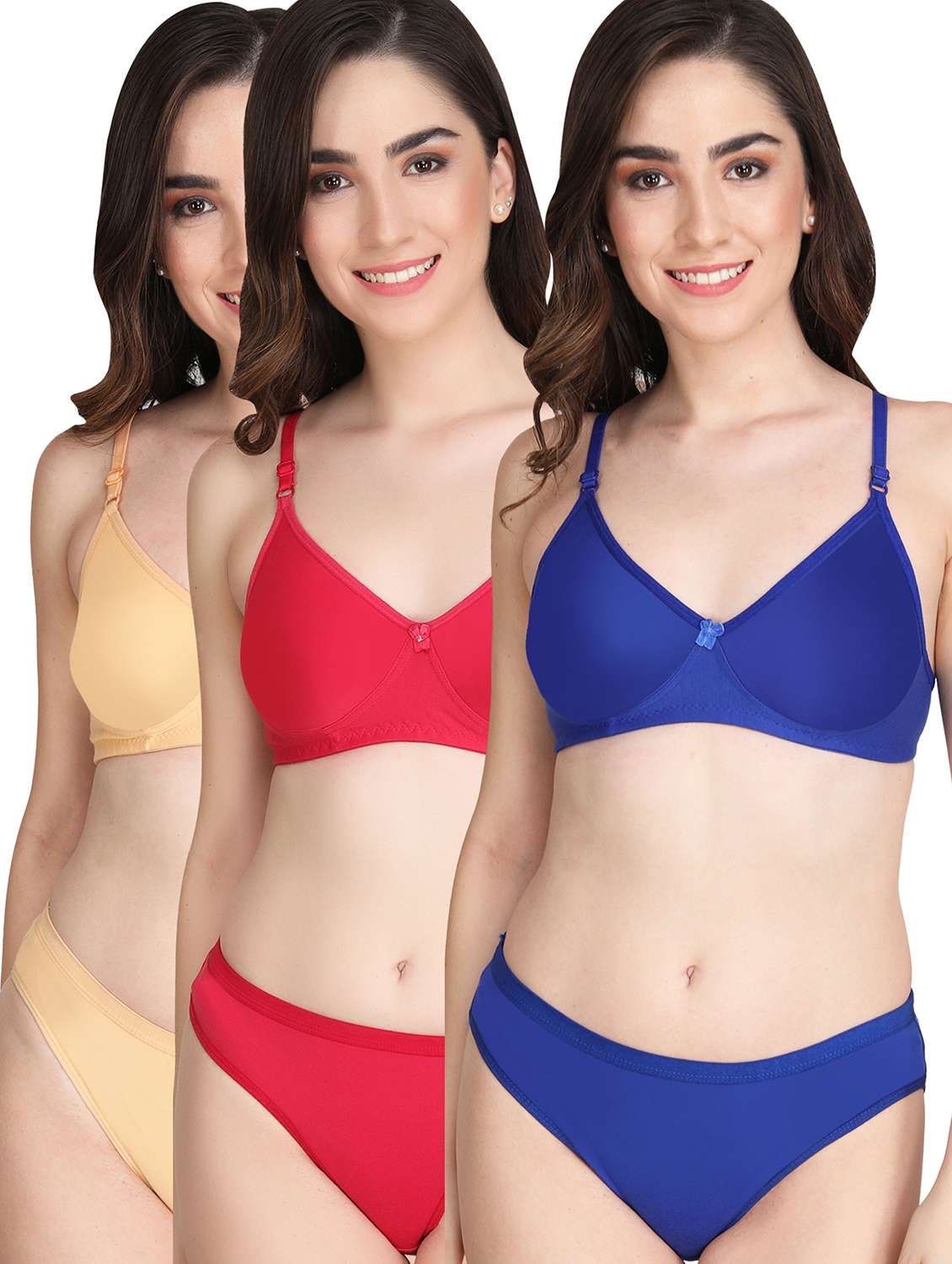 women pack of 3 solid bra and panty set