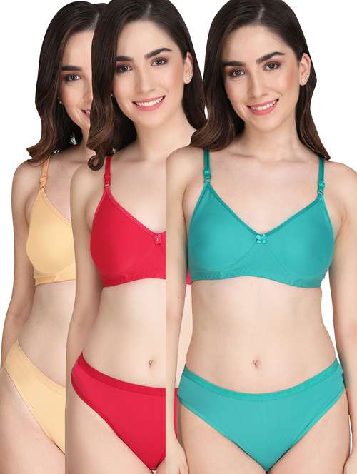 women pack of 3 solid bra and panty set - 22065075 -  Standard Image - 0