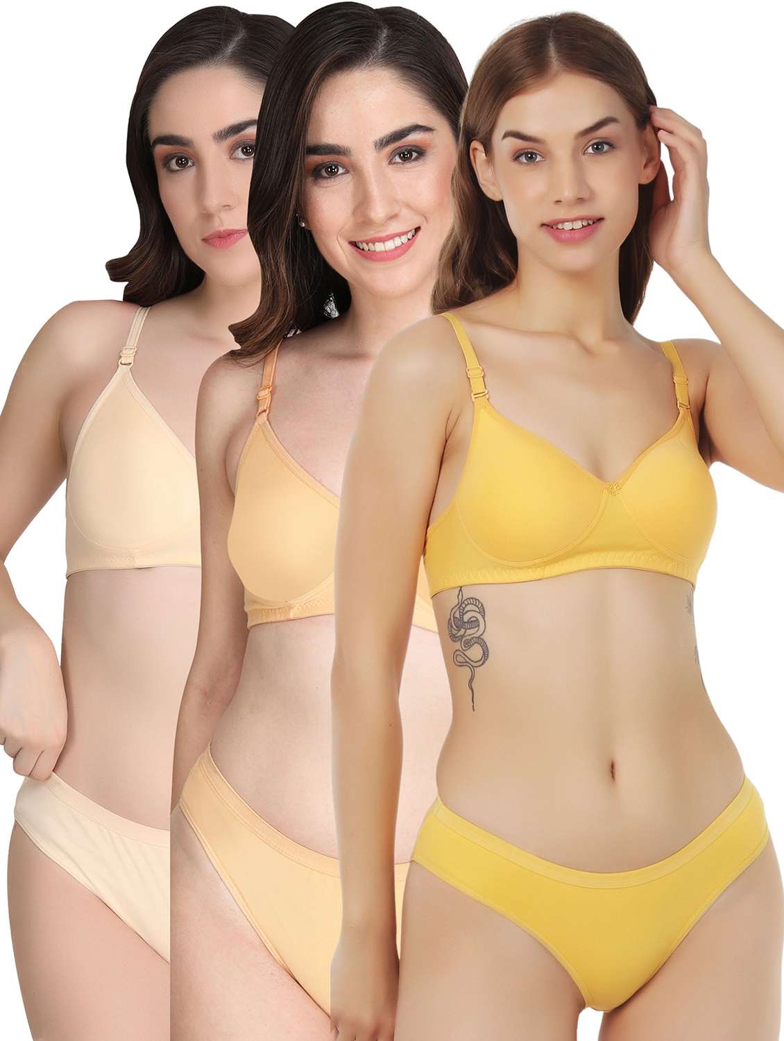 women pack of 3 solid bra and panty set