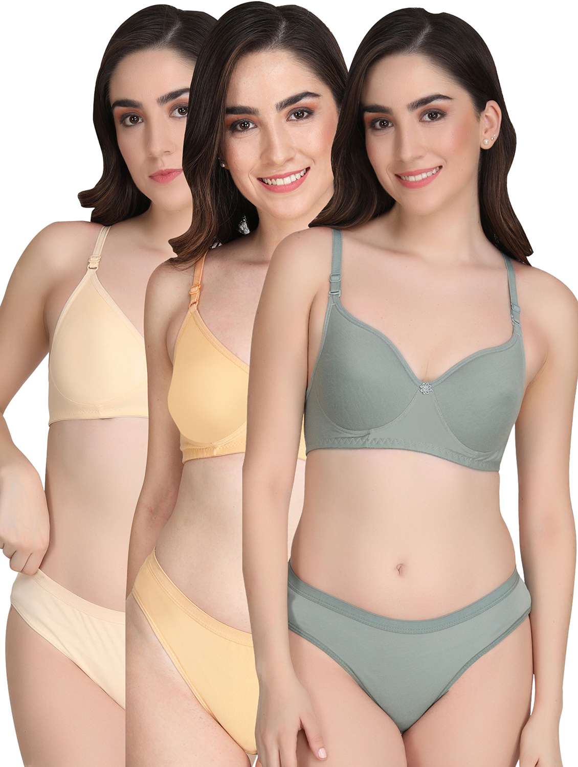 women pack of 3 solid bra and panty set