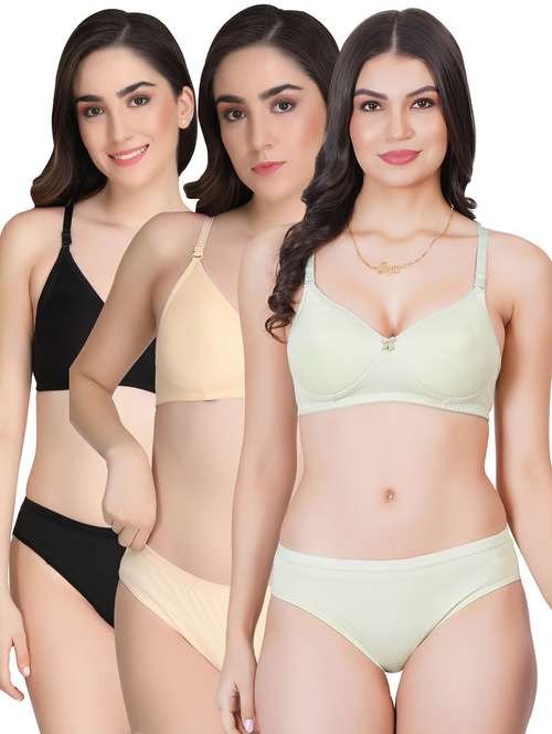 women pack of 3 solid bra and panty set - 22065089 -  Standard Image - 0