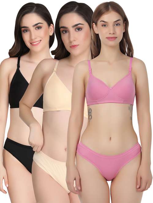 women pack of 3 solid bra and panty set - 22065091 -  Standard Image - 0