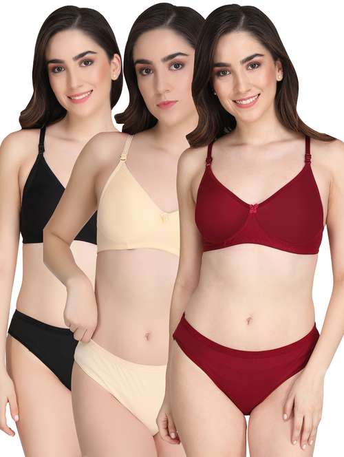 women pack of 3 solid bra and panty set - 22065098 -  Standard Image - 0