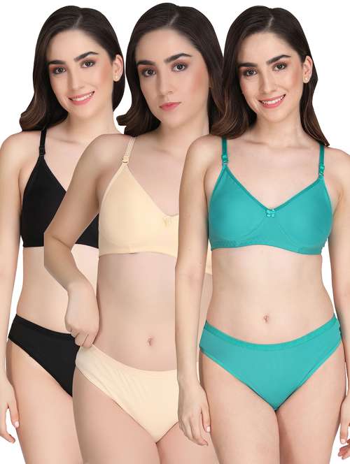 women pack of 3 solid bra and panty set - 22065100 -  Standard Image - 0