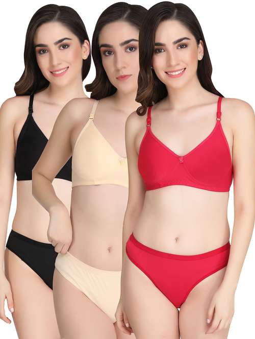 women pack of 3 solid bra and panty set - 22065101 -  Standard Image - 0