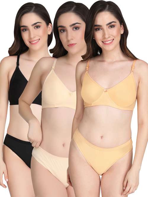 women pack of 3 solid bra and panty set - 22065102 -  Standard Image - 0