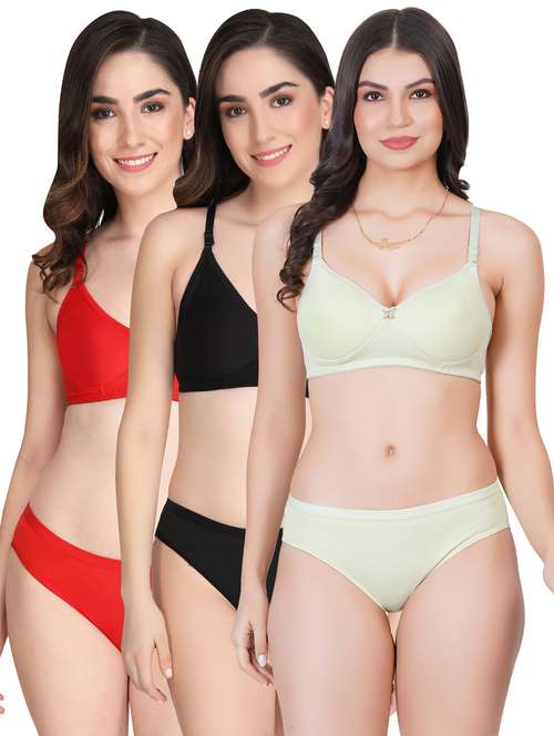 women pack of 3 solid bra and panty set - 22065103 -  Standard Image - 0