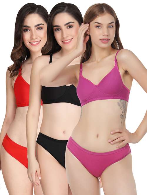 women pack of 3 solid bra and panty set - 22065104 -  Standard Image - 0