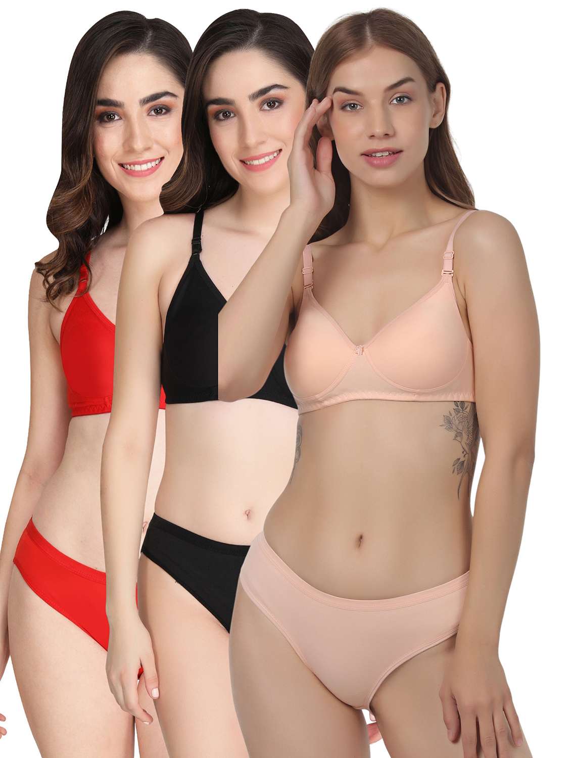 women pack of 3 solid bra and panty set