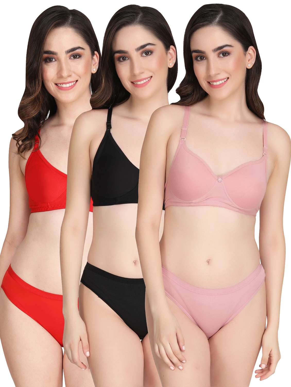 women pack of 3 solid bra and panty set