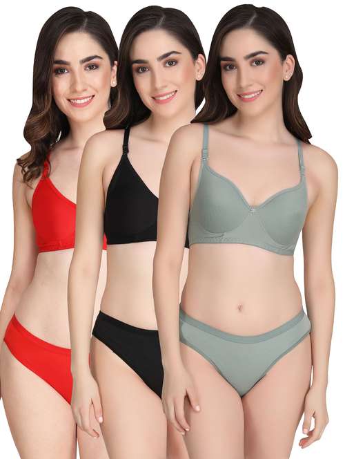 women pack of 3 solid bra and panty set - 22065110 -  Standard Image - 0