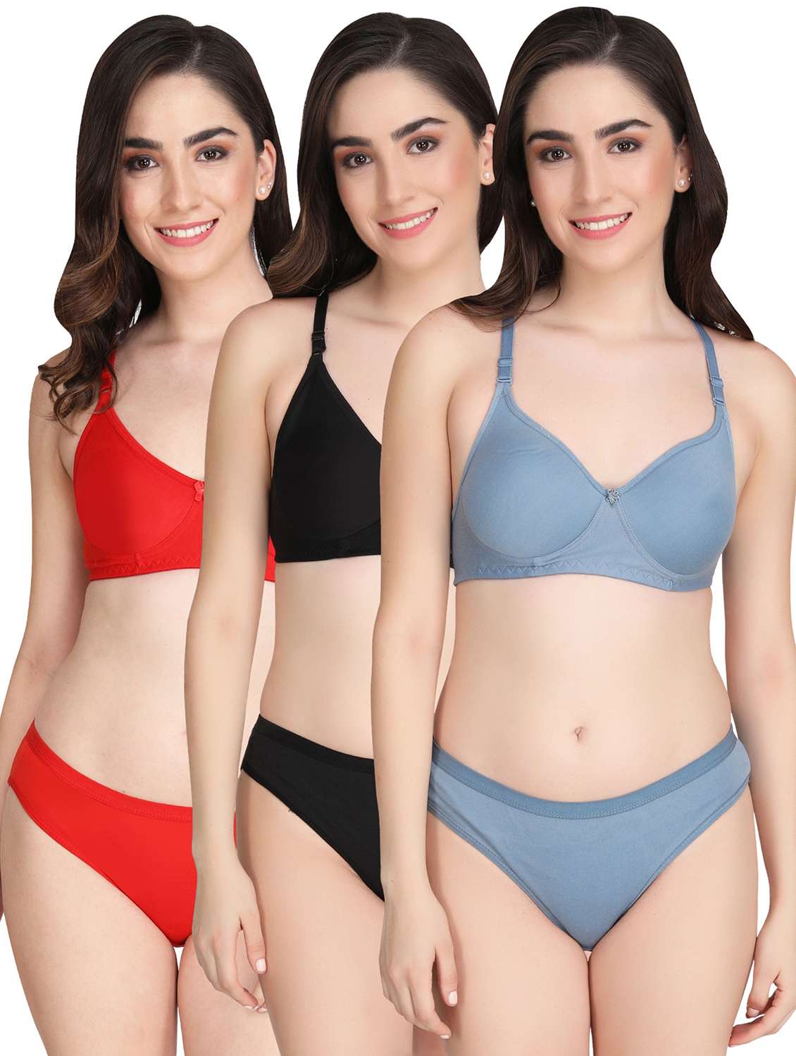 women pack of 3 solid bra and panty set