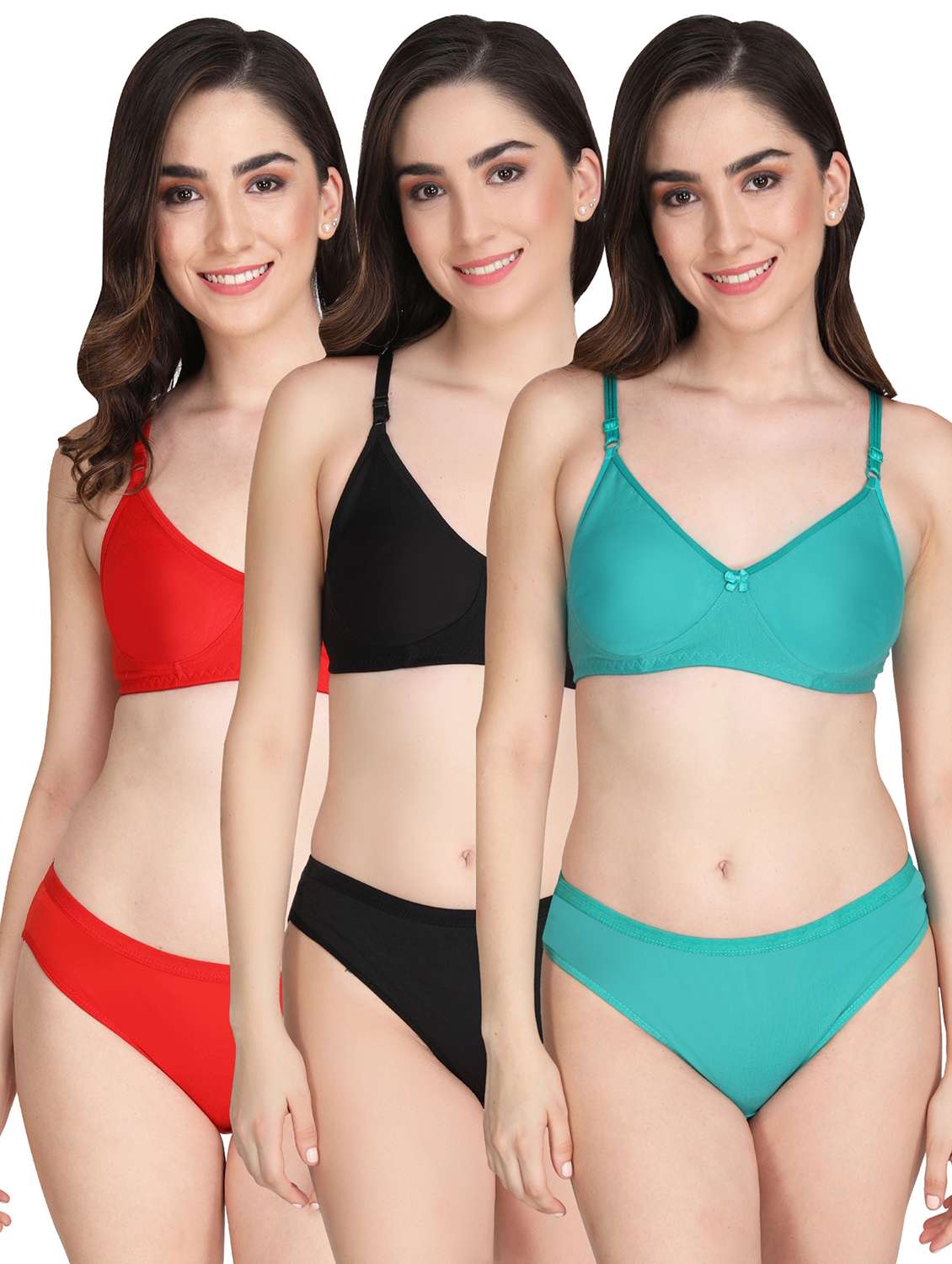 women pack of 3 solid bra and panty set