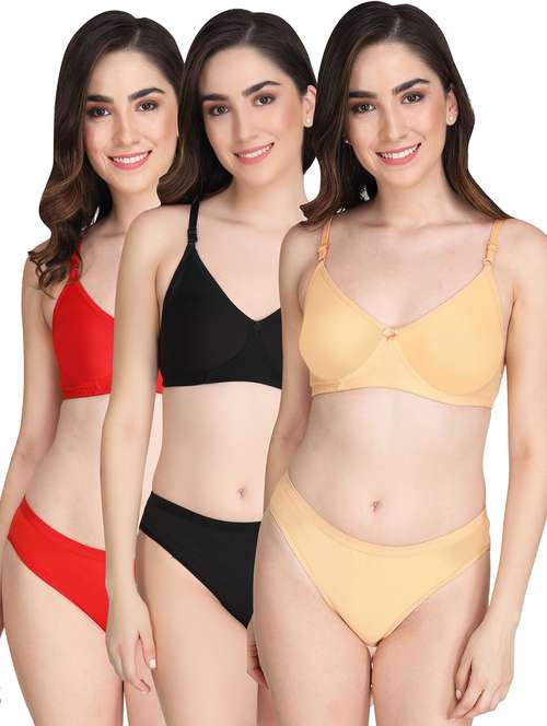 women pack of 3 solid bra and panty set - 22065116 -  Standard Image - 0