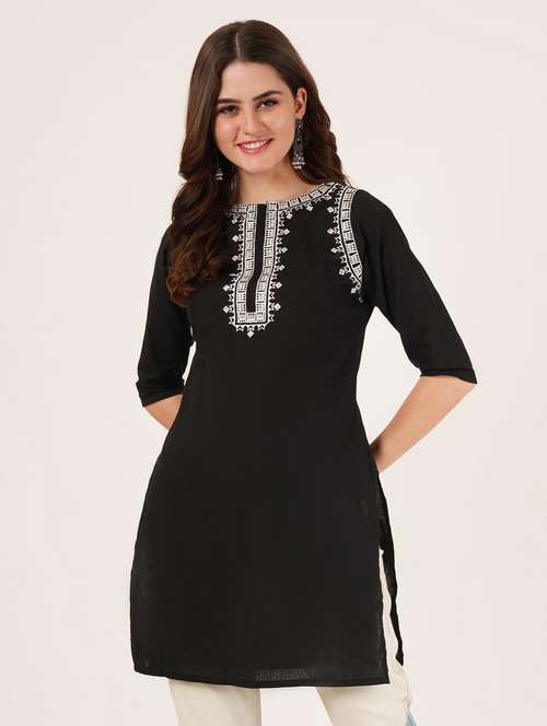 women embroidered three quarter sleeve straight kurti - 22065261 -  Standard Image - 0